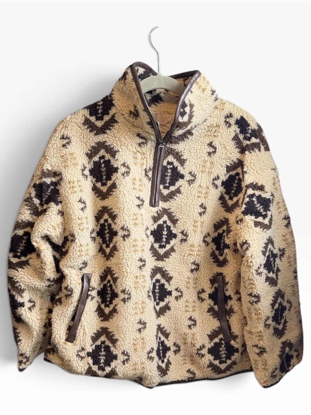 Women's Cream Patterned Sherpa Half-Zip Pullover